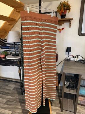 NWT PrettyLittleThing Brown & Mint Crochet Knit Wide Leg Pants Large